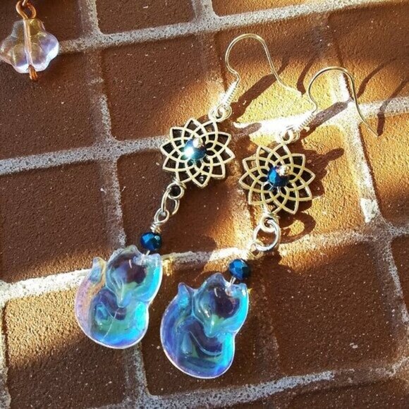 Iridescent + Glam! Fox Cub Pup Kitten Furbaby - Sparkling Dangle Earrings  2.5" - Picture 1 of 7